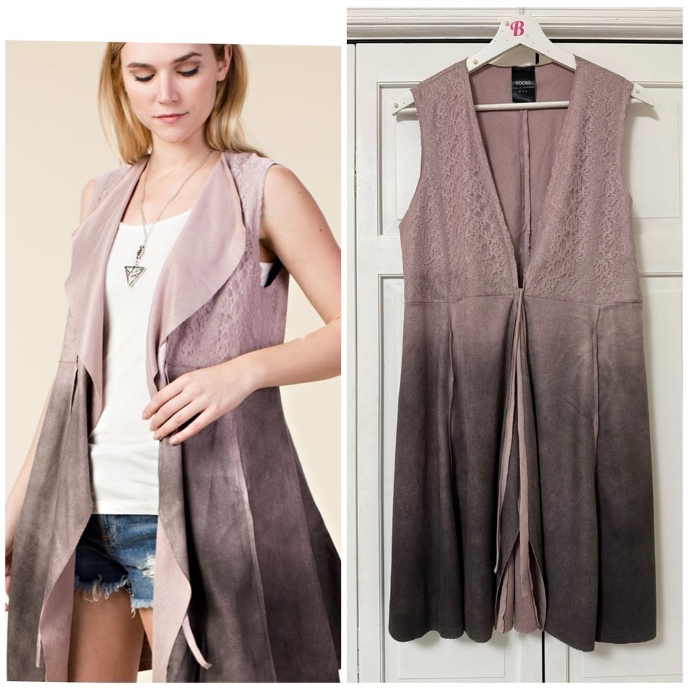 Vocal Mauve Gray Ombré Longer Length Sleeveless Cardigan Lace Festival Lace